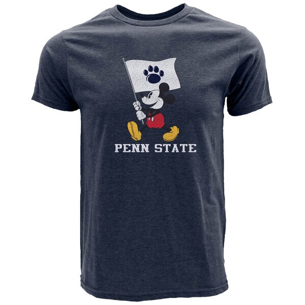 navy heather short sleeve t-shirt with Mickey Mouse holding flag with paw print above Penn State